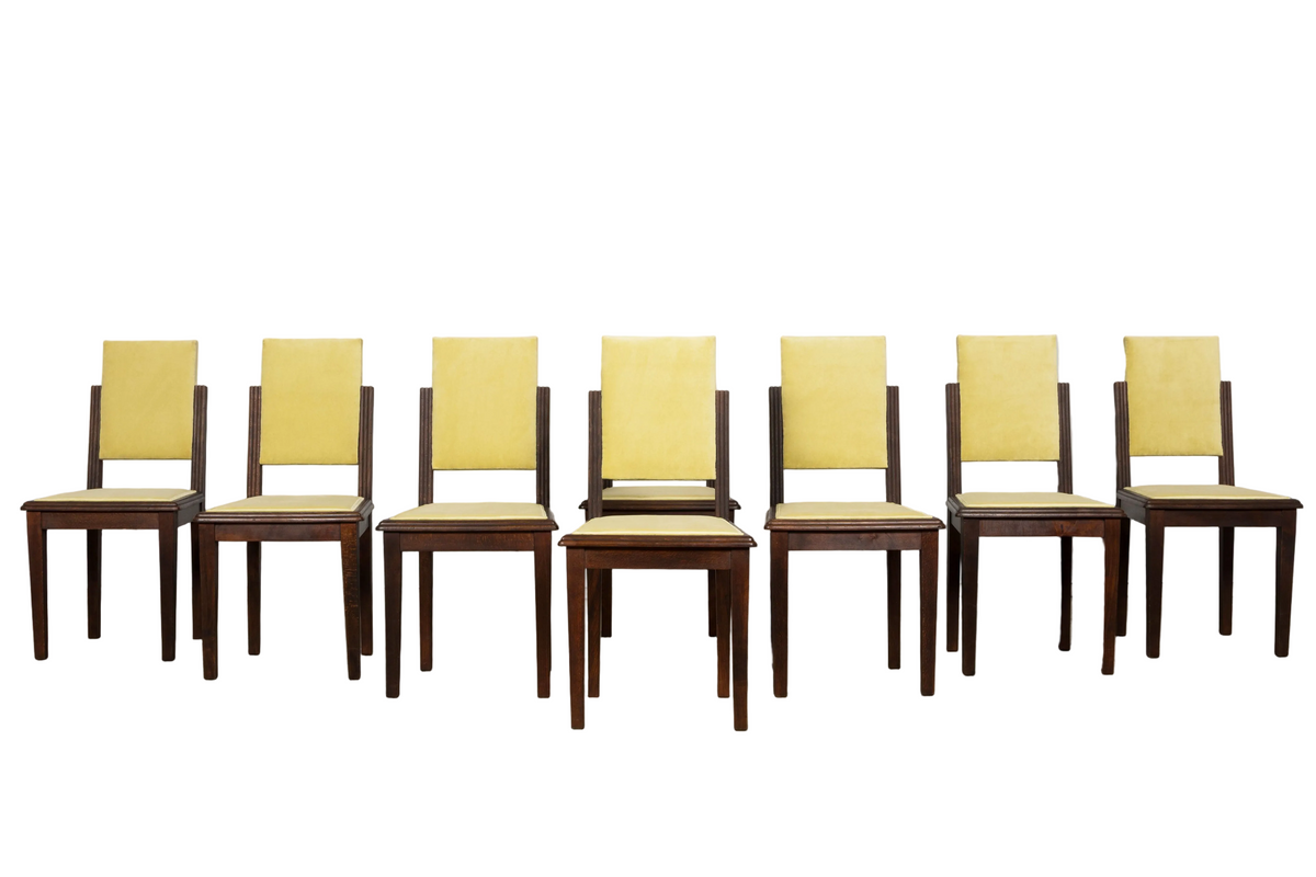 1930s French Art Deco Oak Dining Chairs in Light Yellow Velvet – Set of 8