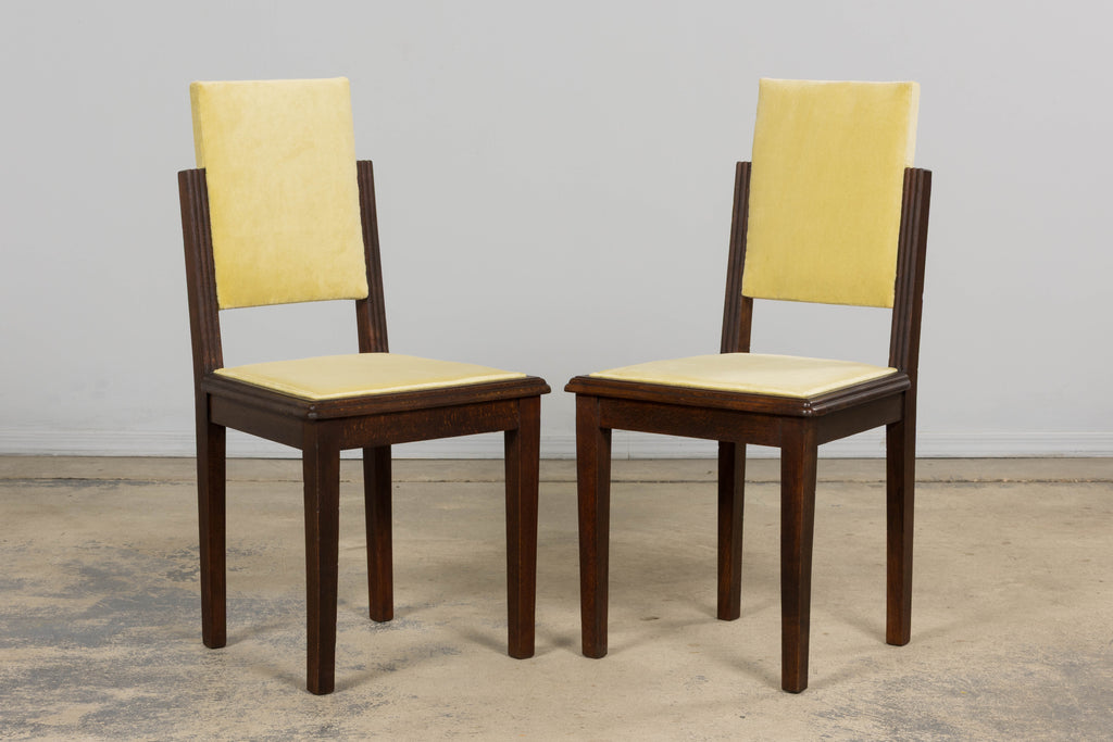 1930s French Art Deco Oak Dining Chairs in Light Yellow Velvet – Set of 8