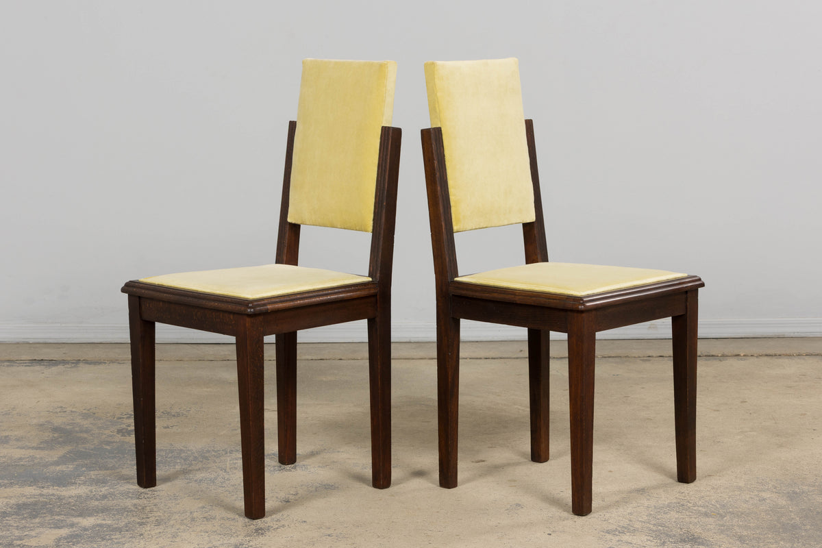 1930s French Art Deco Oak Dining Chairs in Light Yellow Velvet – Set of 8