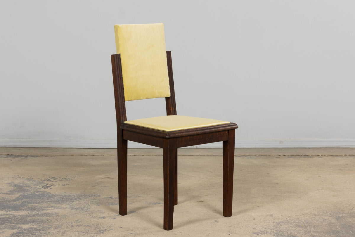 1930s French Art Deco Oak Dining Chairs in Light Yellow Velvet – Set of 8