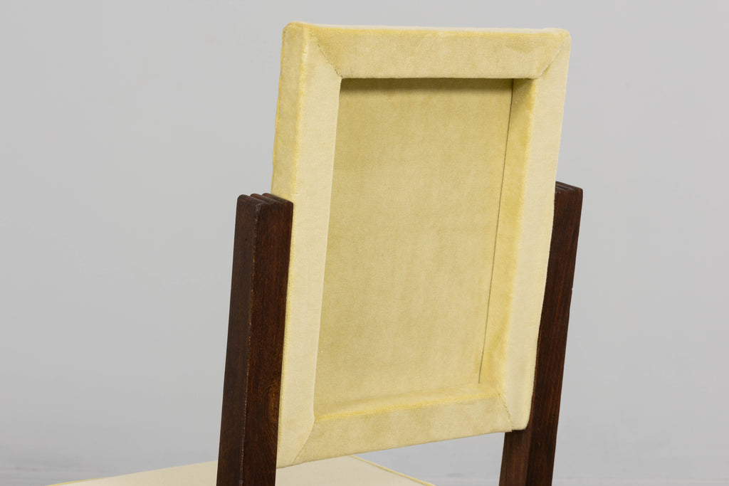 1930s French Art Deco Oak Dining Chairs in Light Yellow Velvet – Set of 8