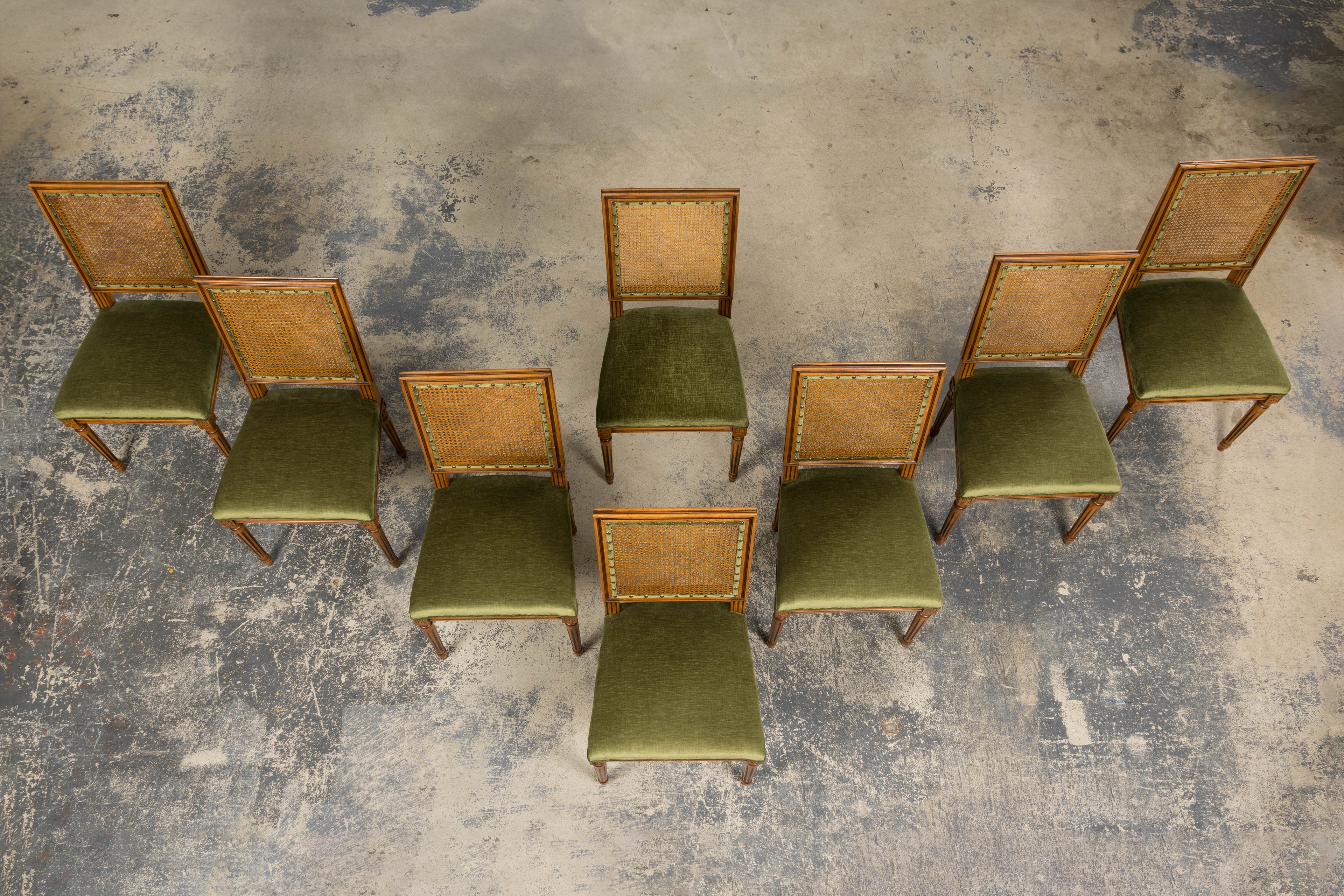 Antique French Louis XVI Style Dining Chairs in Olive Green - Set of 8