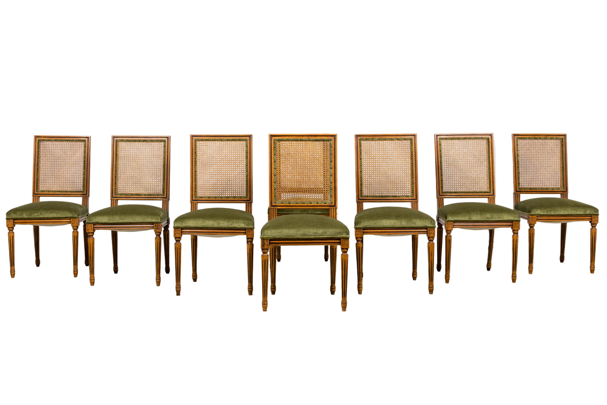 Antique French Louis XVI Style Dining Chairs in Olive Green - Set of 8