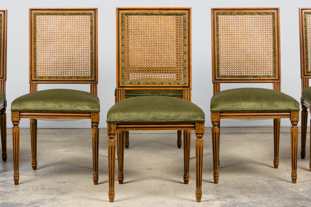 Antique French Louis XVI Style Dining Chairs in Olive Green - Set of 8