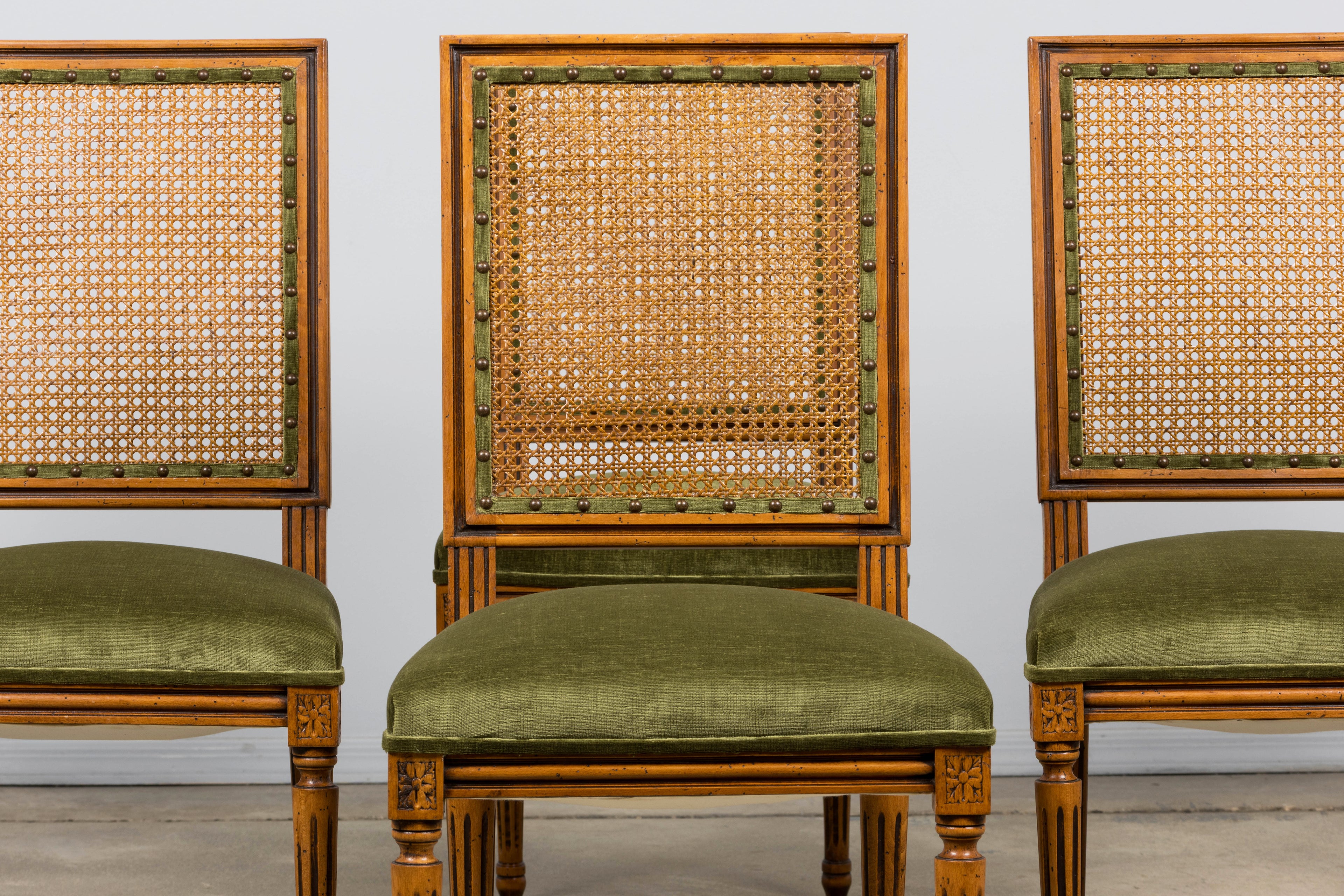 Antique French Louis XVI Style Dining Chairs in Olive Green - Set of 8