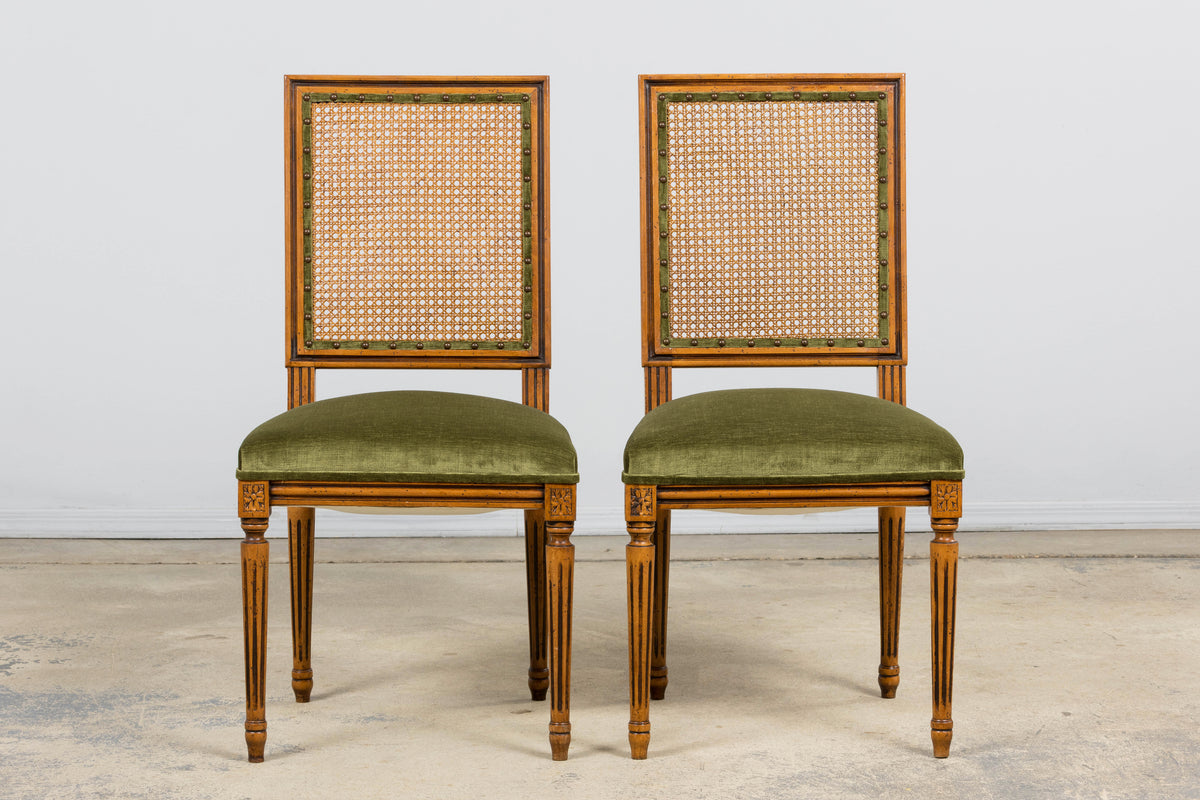 Antique French Louis XVI Style Dining Chairs in Olive Green - Set of 8