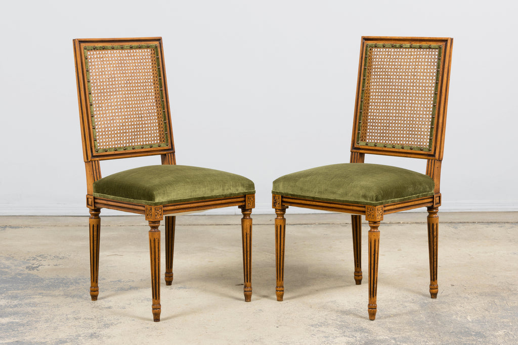 Antique French Louis XVI Style Dining Chairs in Olive Green - Set of 8