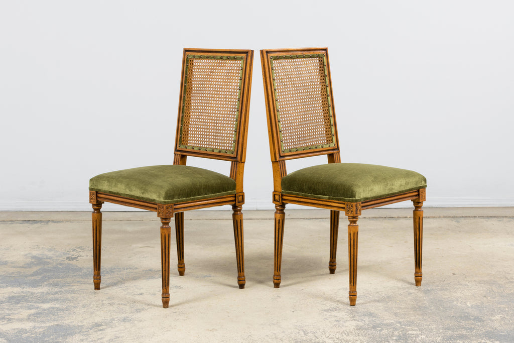 Antique French Louis XVI Style Dining Chairs in Olive Green - Set of 8