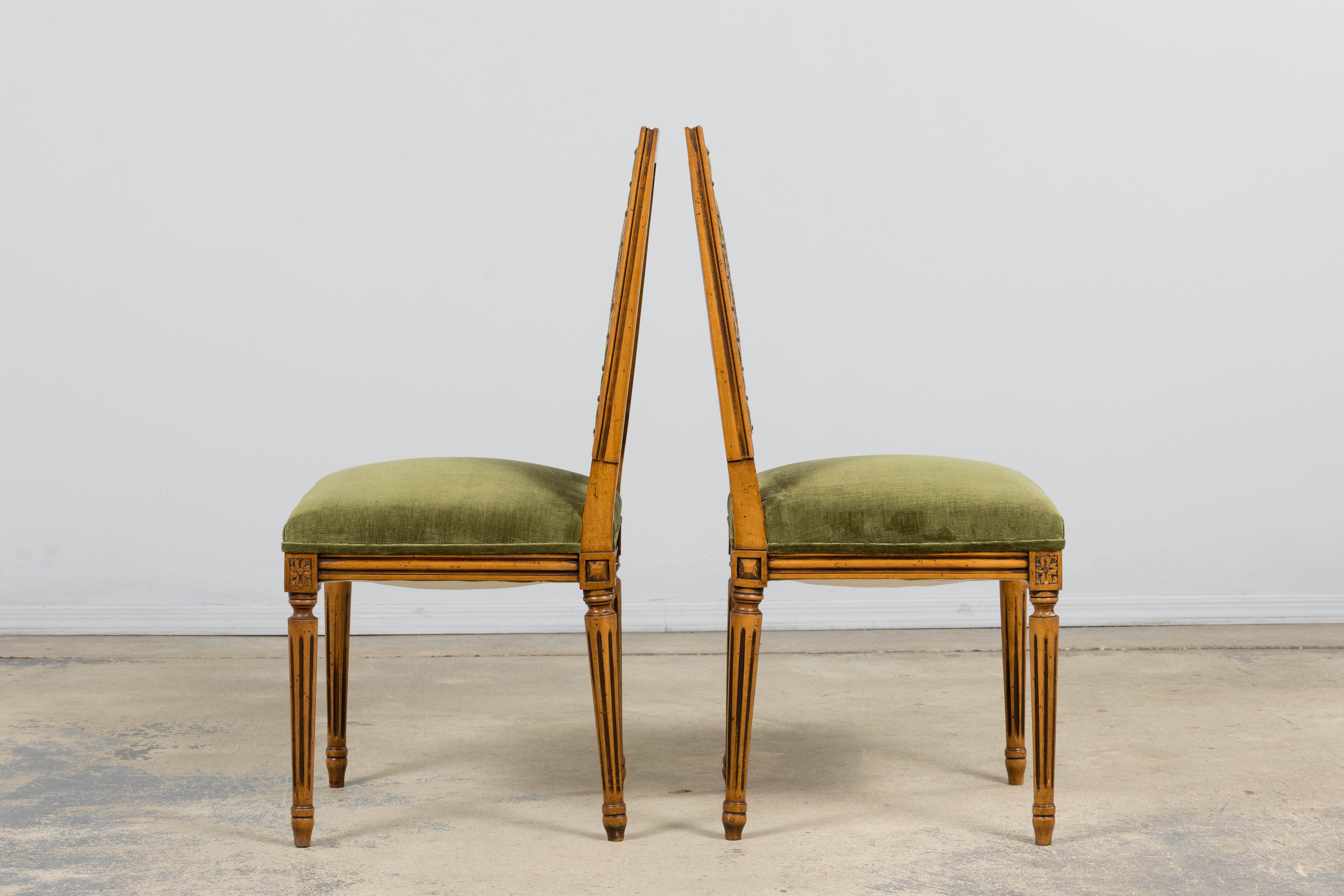 Antique French Louis XVI Style Dining Chairs in Olive Green - Set of 8