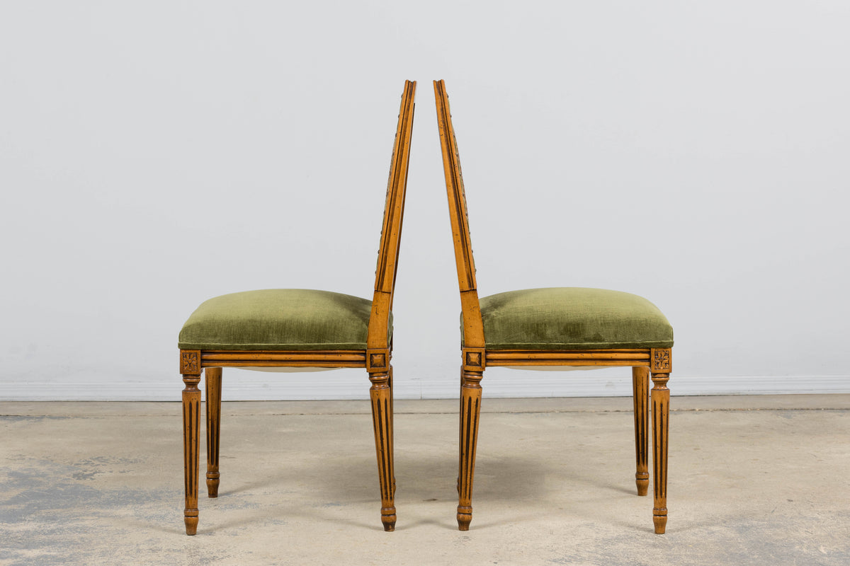 Antique French Louis XVI Style Dining Chairs in Olive Green - Set of 8