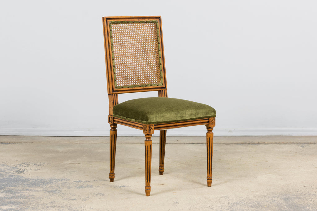 Antique French Louis XVI Style Dining Chairs in Olive Green - Set of 8
