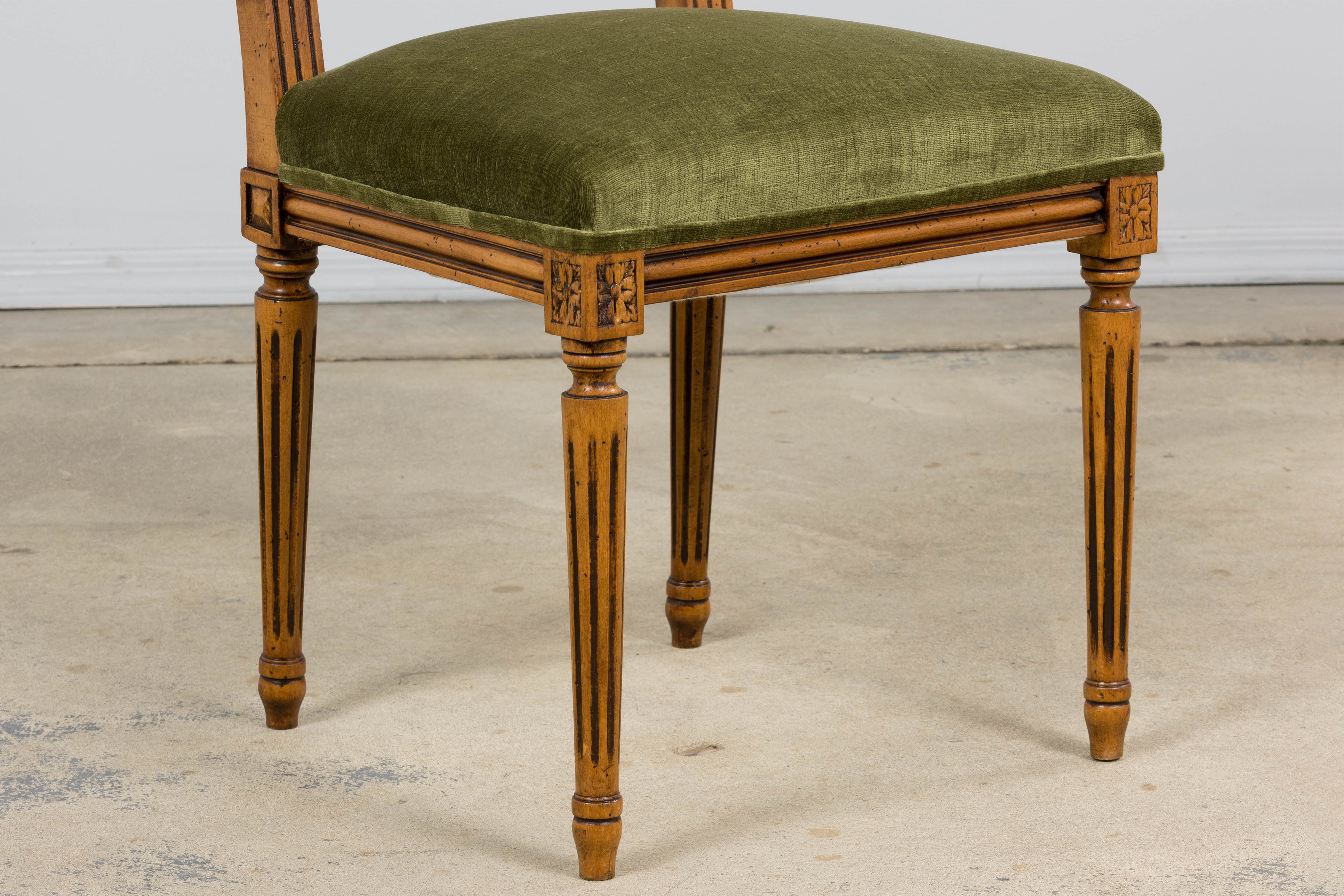 Antique French Louis XVI Style Dining Chairs in Olive Green - Set of 8