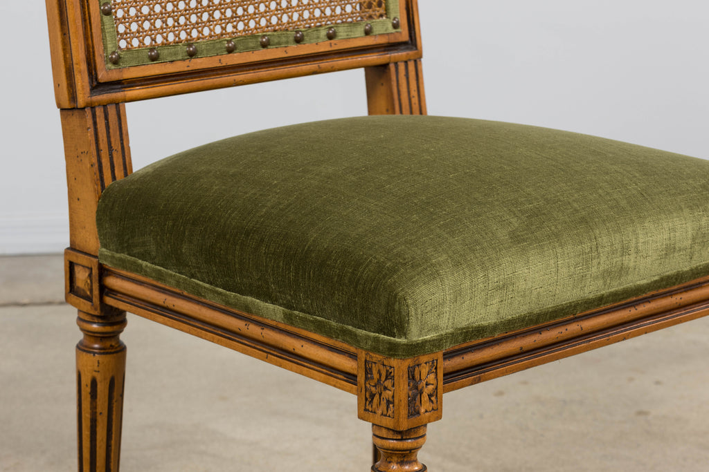 Antique French Louis XVI Style Dining Chairs in Olive Green - Set of 8