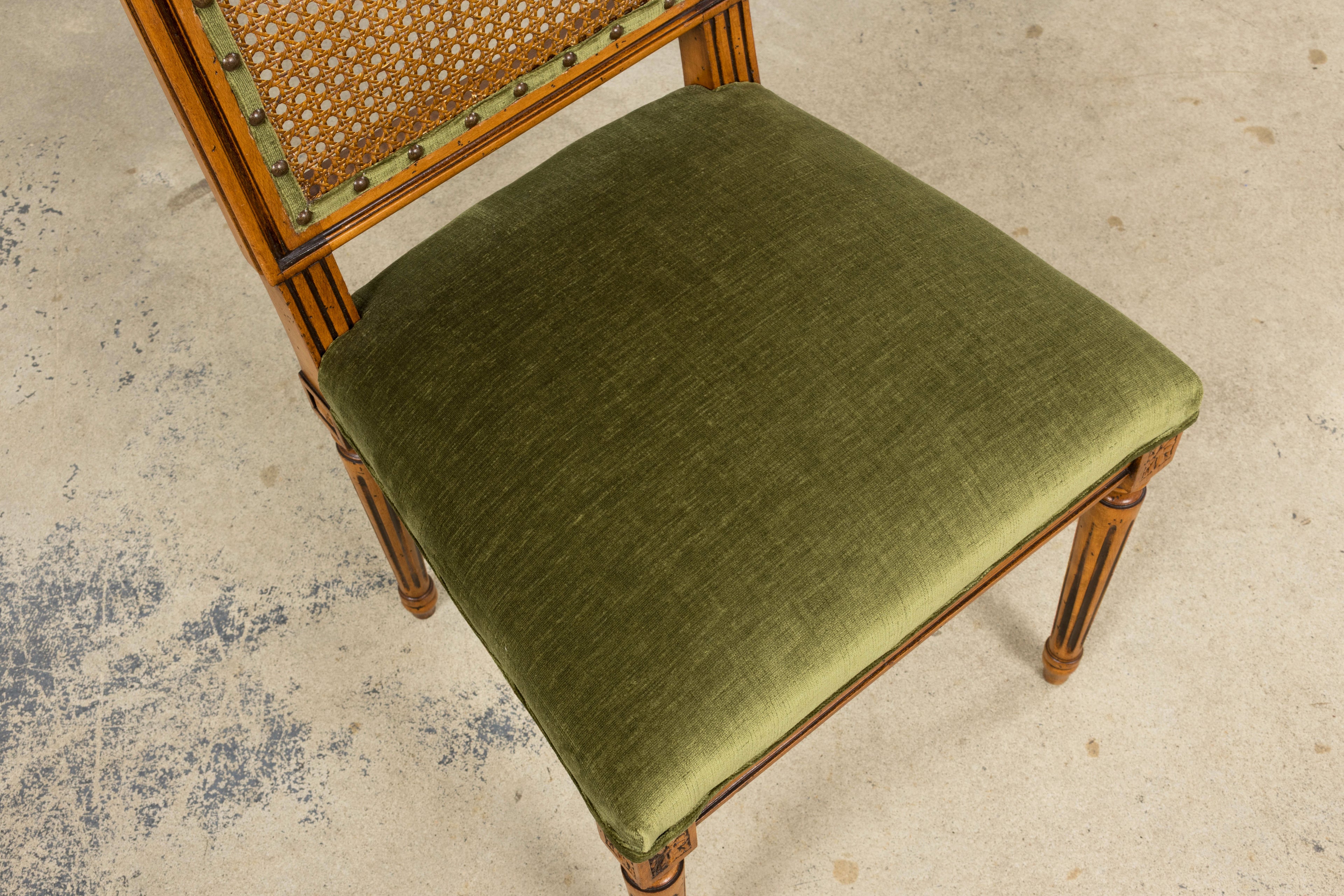 Antique French Louis XVI Style Dining Chairs in Olive Green - Set of 8