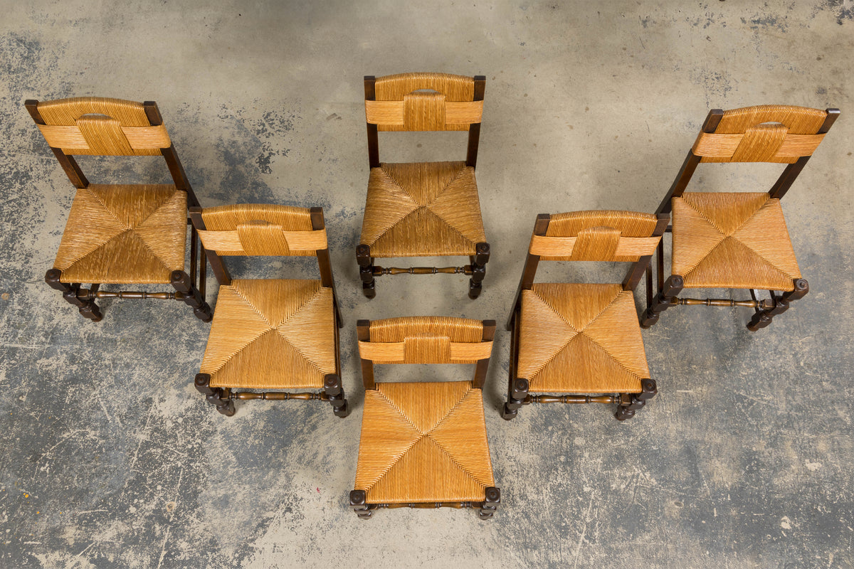 Antique French Provincial Oak Rush Seat Dining Chairs - Set of 6