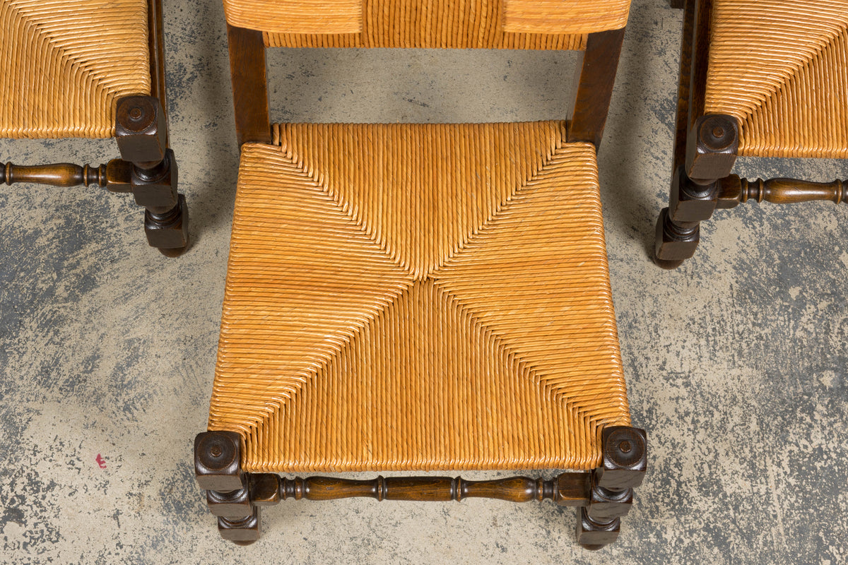 Antique French Provincial Oak Rush Seat Dining Chairs - Set of 6