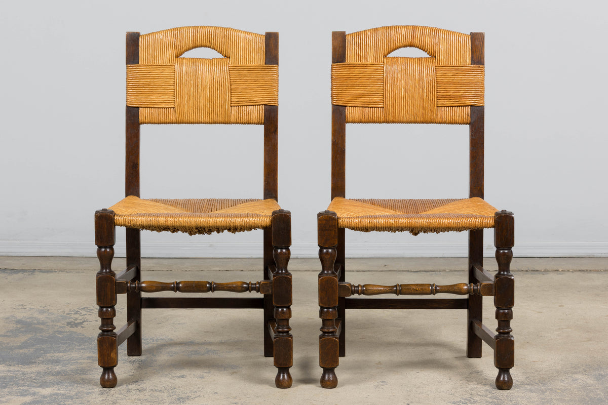 Antique French Provincial Oak Rush Seat Dining Chairs - Set of 6