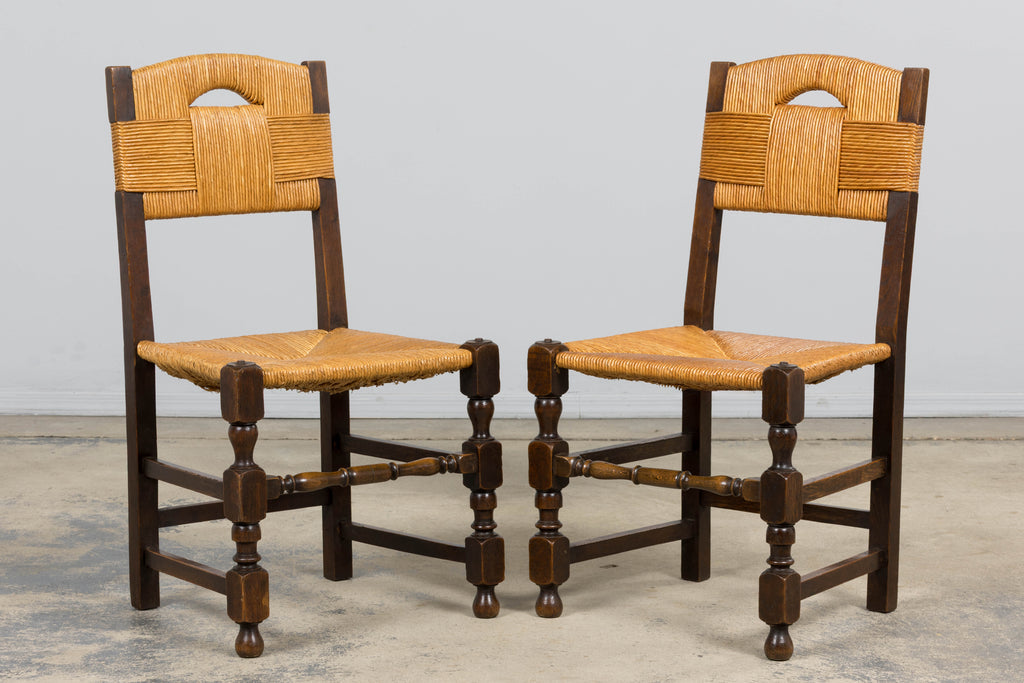 Antique French Provincial Oak Rush Seat Dining Chairs - Set of 6