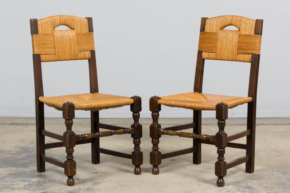 Antique French Provincial Oak Rush Seat Dining Chairs - Set of 6