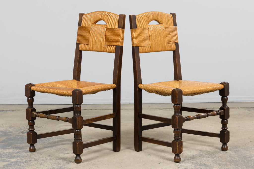 Antique French Provincial Oak Rush Seat Dining Chairs - Set of 6