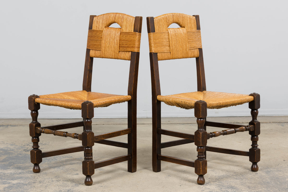 Antique French Provincial Oak Rush Seat Dining Chairs - Set of 6