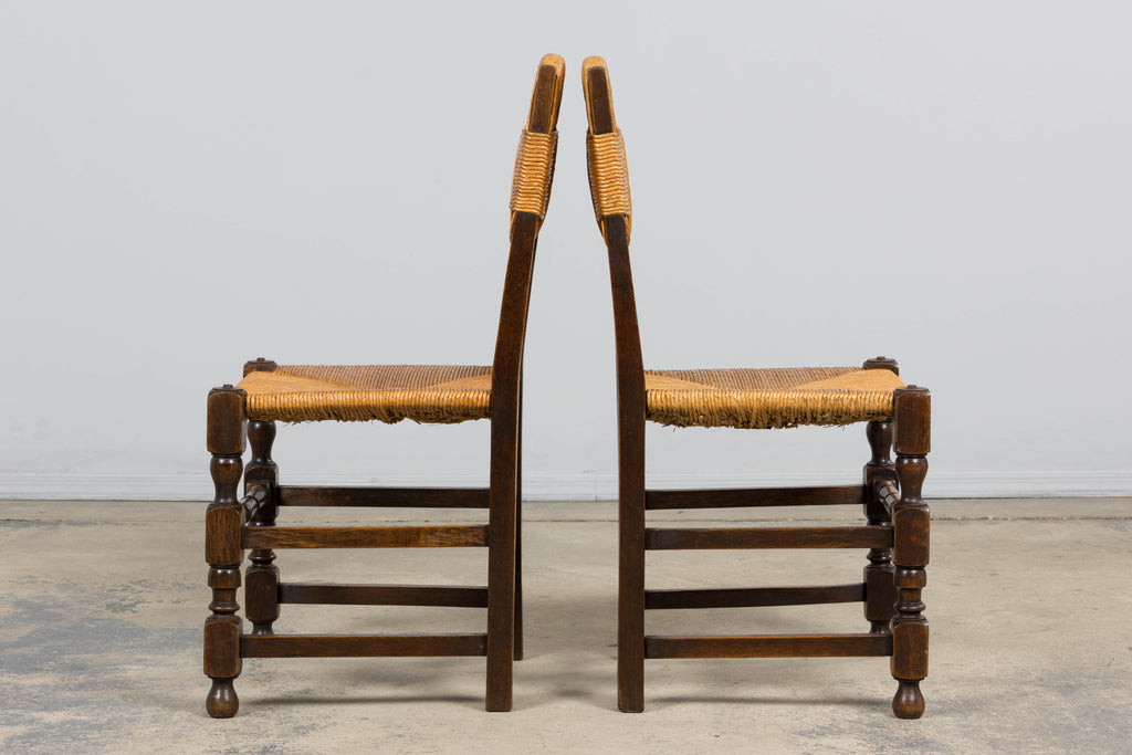 Antique French Provincial Oak Rush Seat Dining Chairs - Set of 6