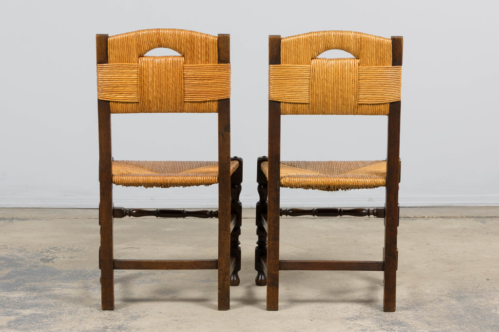 Antique French Provincial Oak Rush Seat Dining Chairs - Set of 6