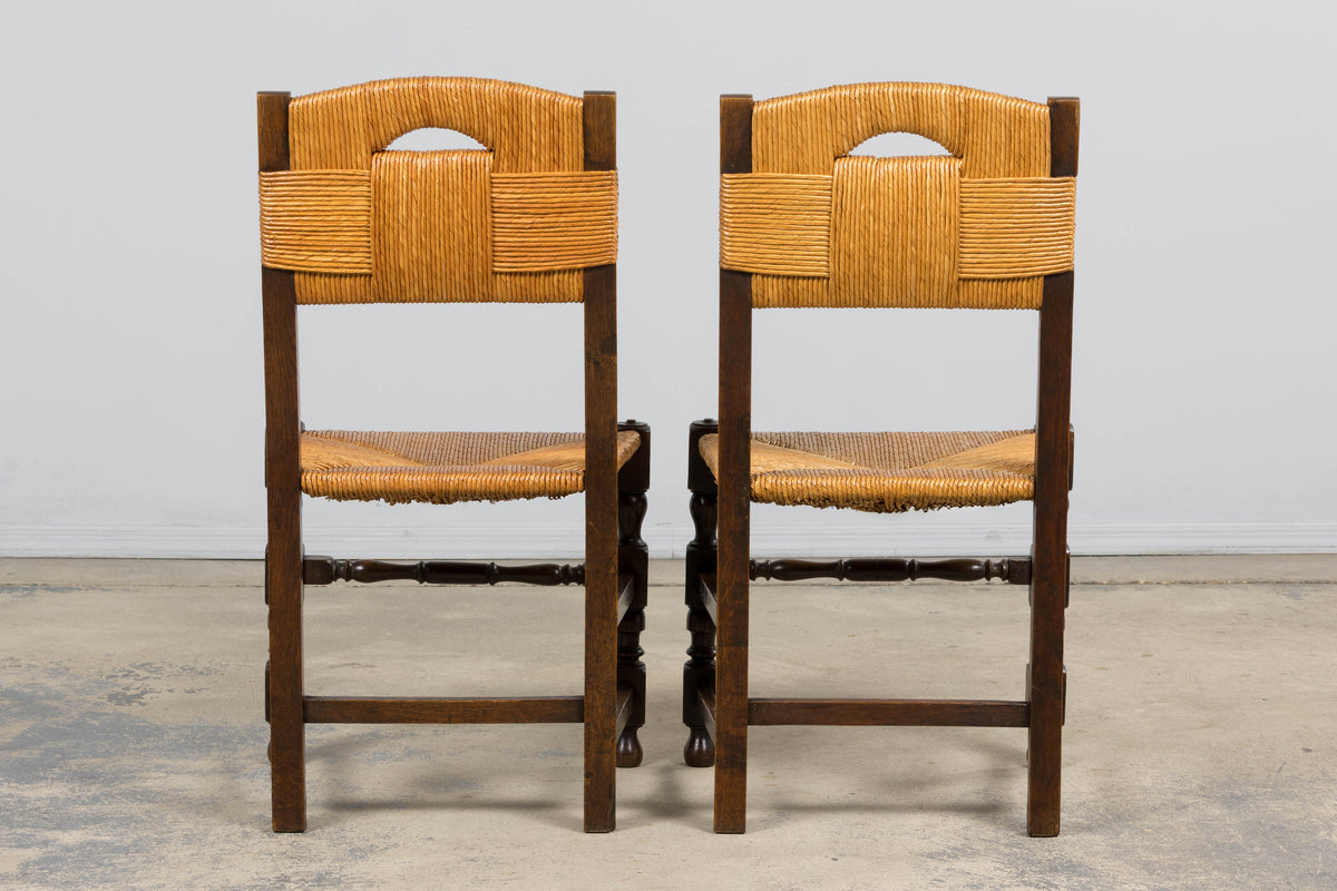 Antique French Provincial Oak Rush Seat Dining Chairs - Set of 6
