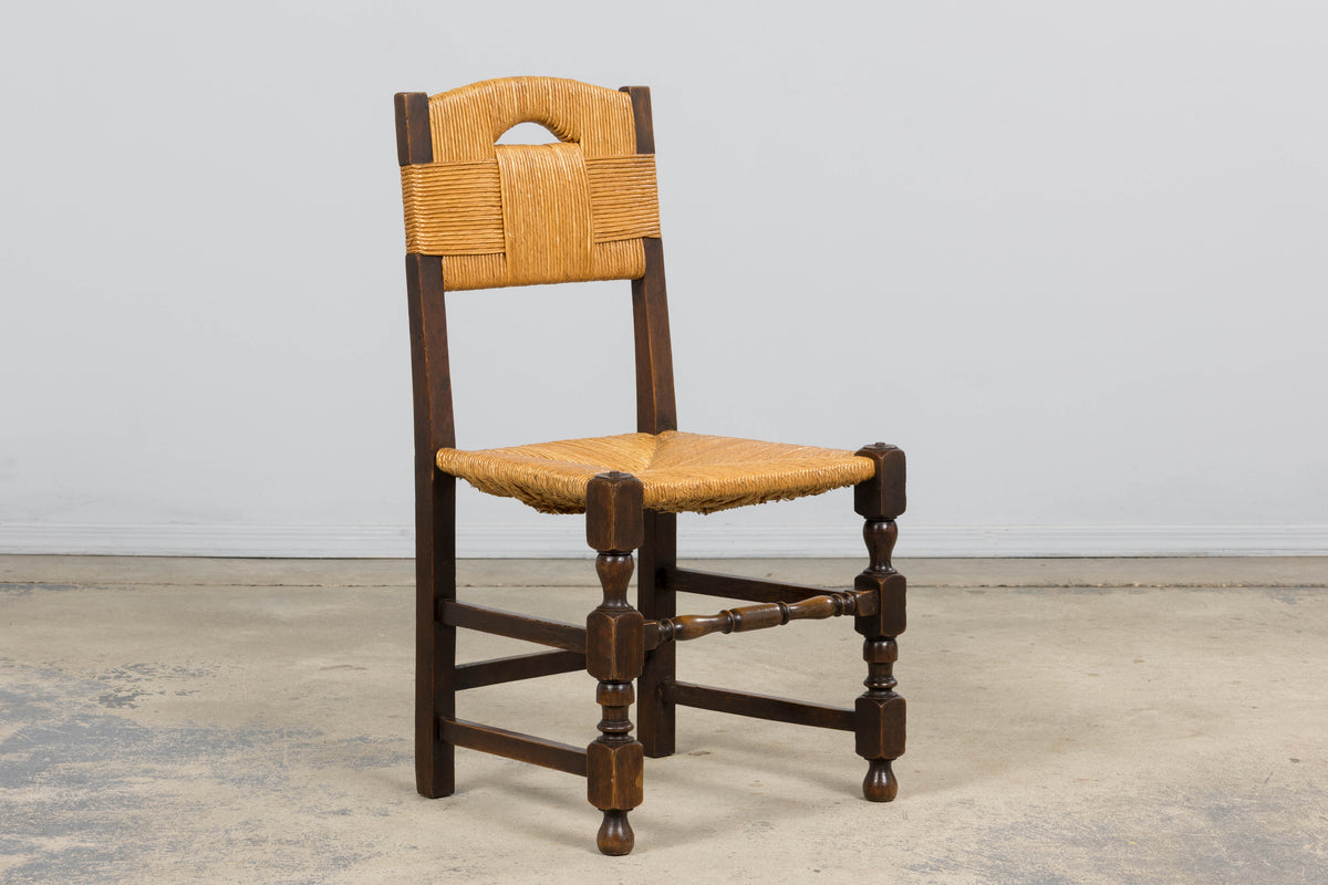 Antique French Provincial Oak Rush Seat Dining Chairs - Set of 6