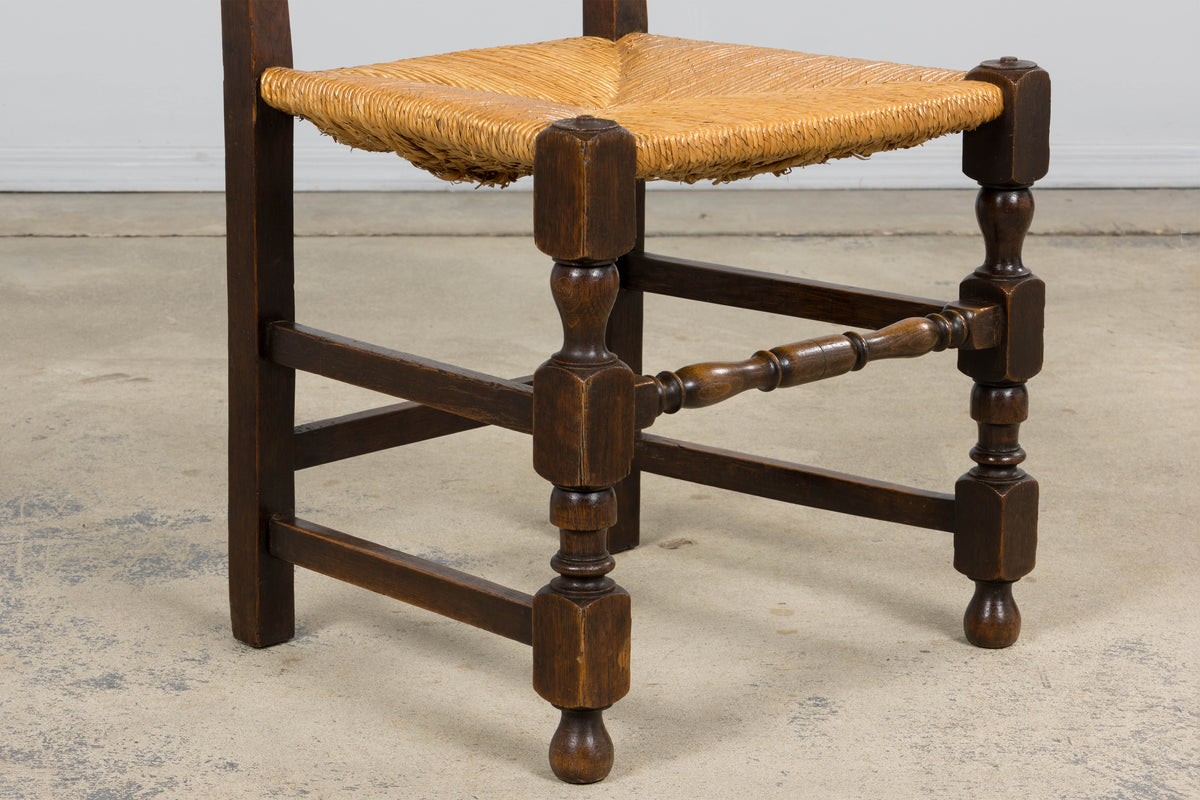 Antique French Provincial Oak Rush Seat Dining Chairs - Set of 6