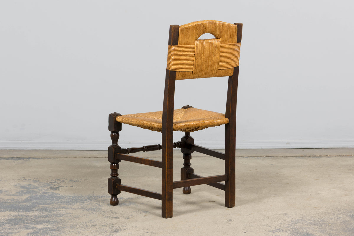Antique French Provincial Oak Rush Seat Dining Chairs - Set of 6