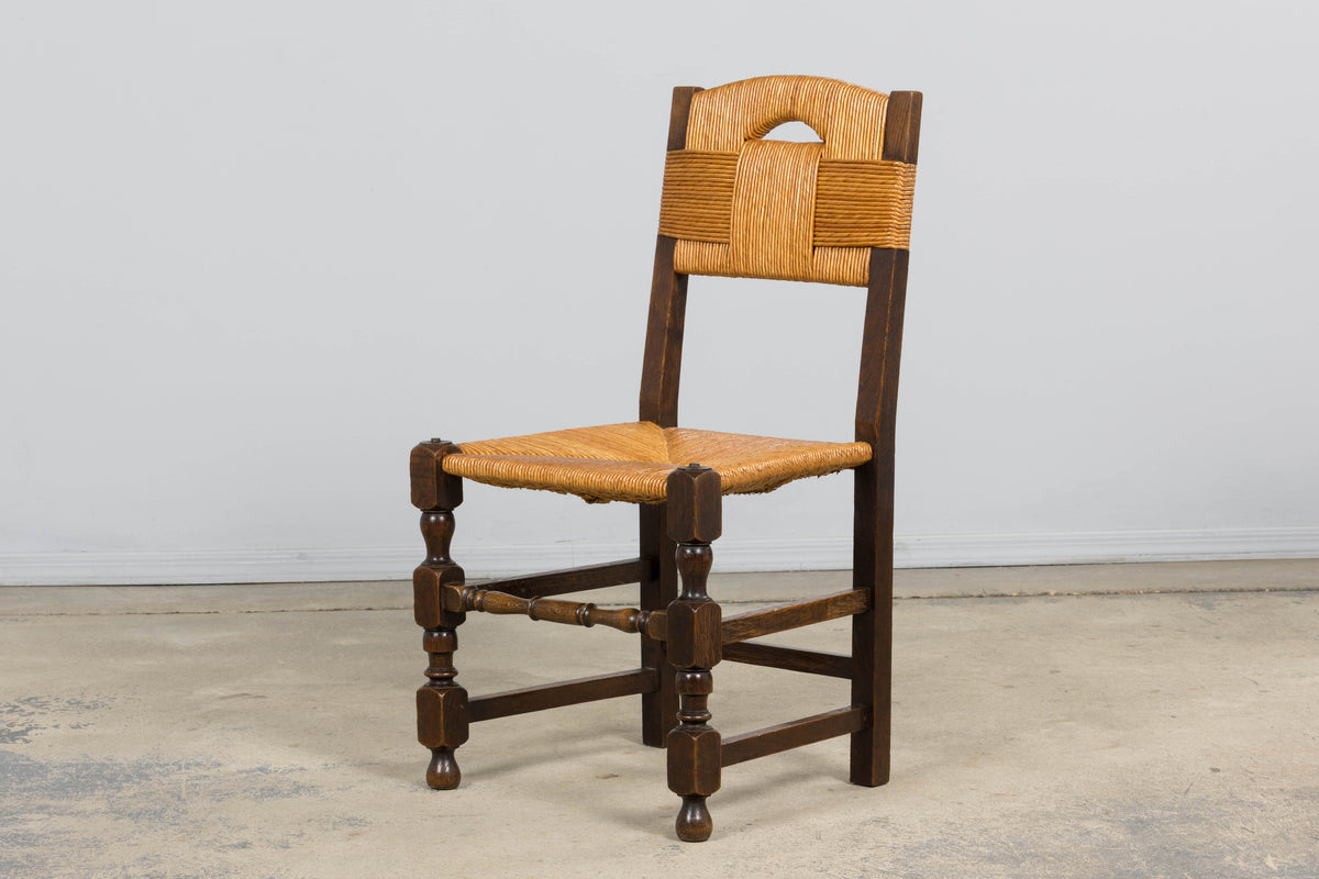 Antique French Provincial Oak Rush Seat Dining Chairs - Set of 6