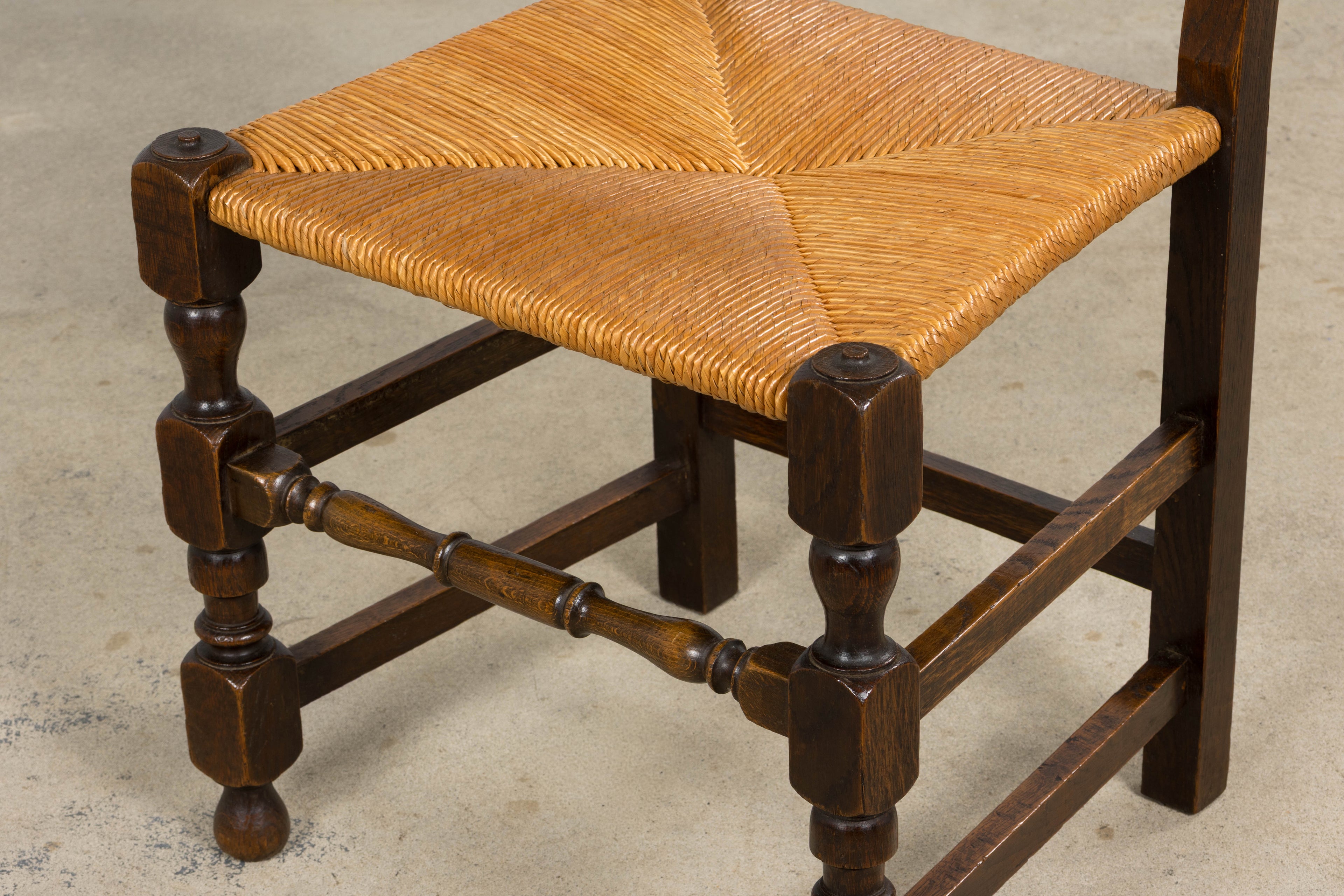 Antique French Provincial Oak Rush Seat Dining Chairs - Set of 6