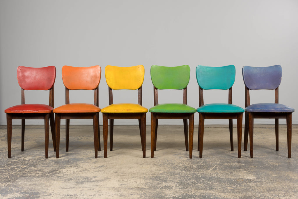 Mid Century Modern French Oak Dining Chairs in Rainbow Vinyl - Set of 6