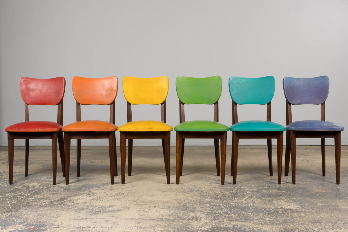 Mid Century Modern French Oak Dining Chairs in Rainbow Vinyl - Set of 6