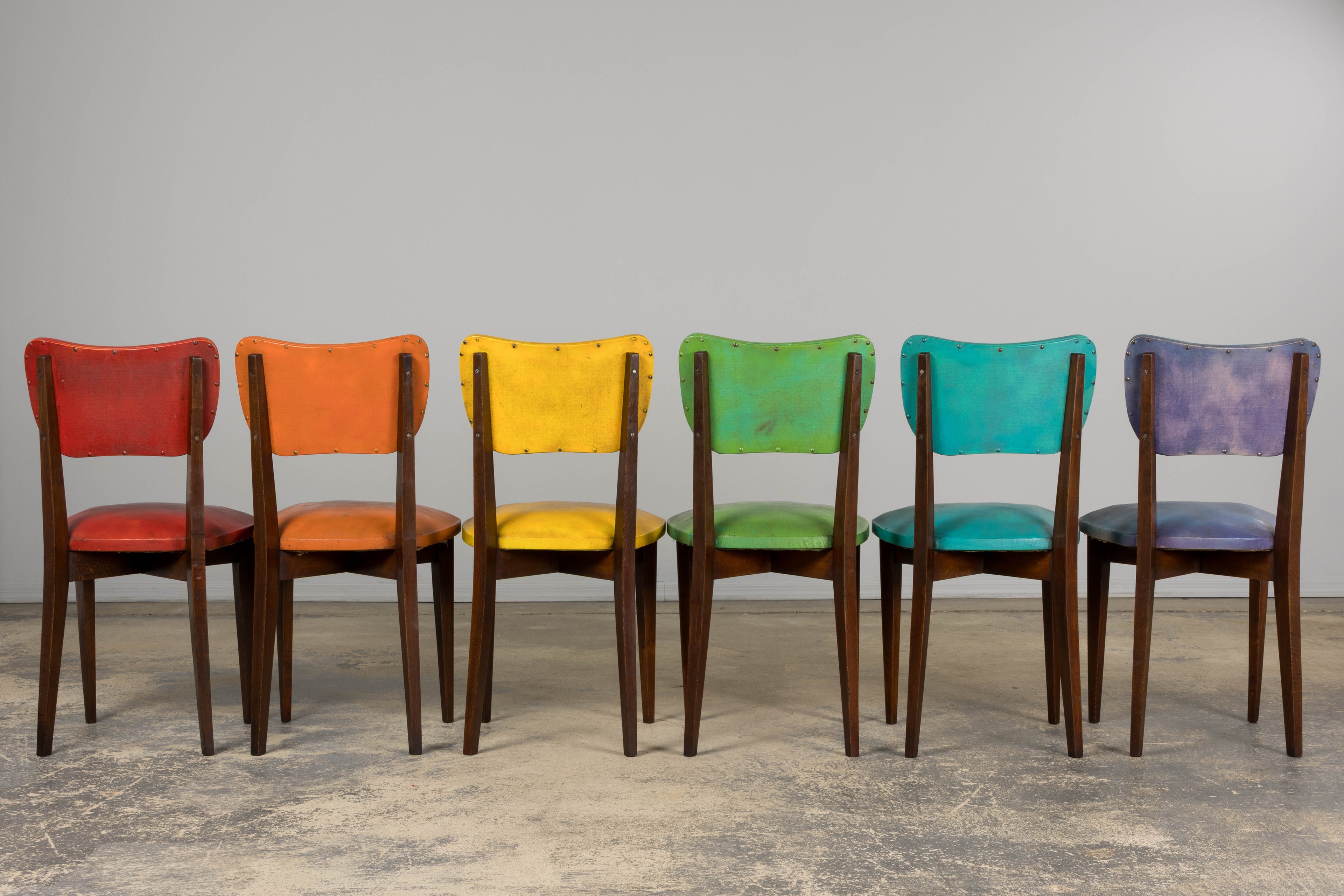 Mid Century Modern French Oak Dining Chairs in Rainbow Vinyl - Set of 6