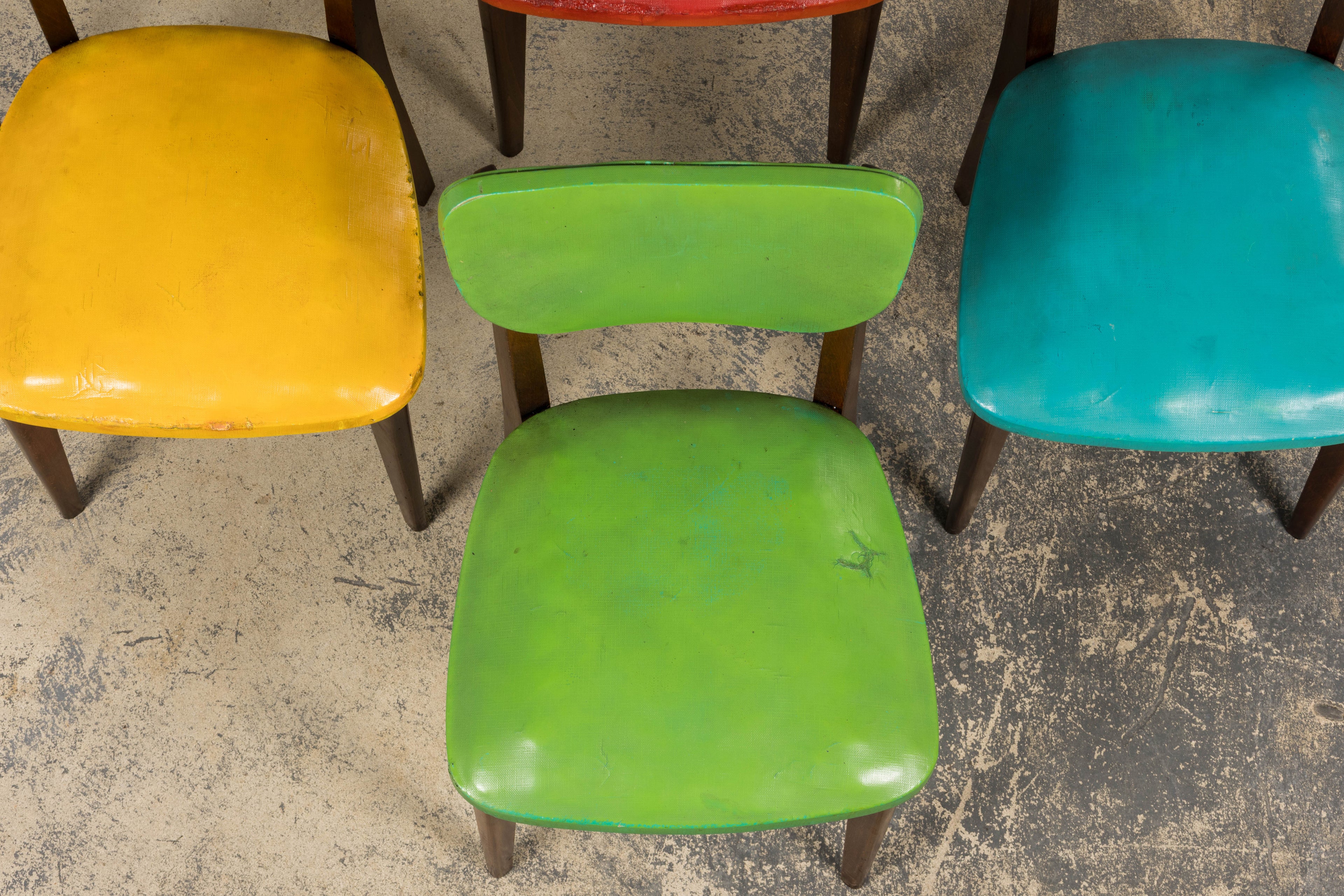 Mid Century Modern French Oak Dining Chairs in Rainbow Vinyl - Set of 6