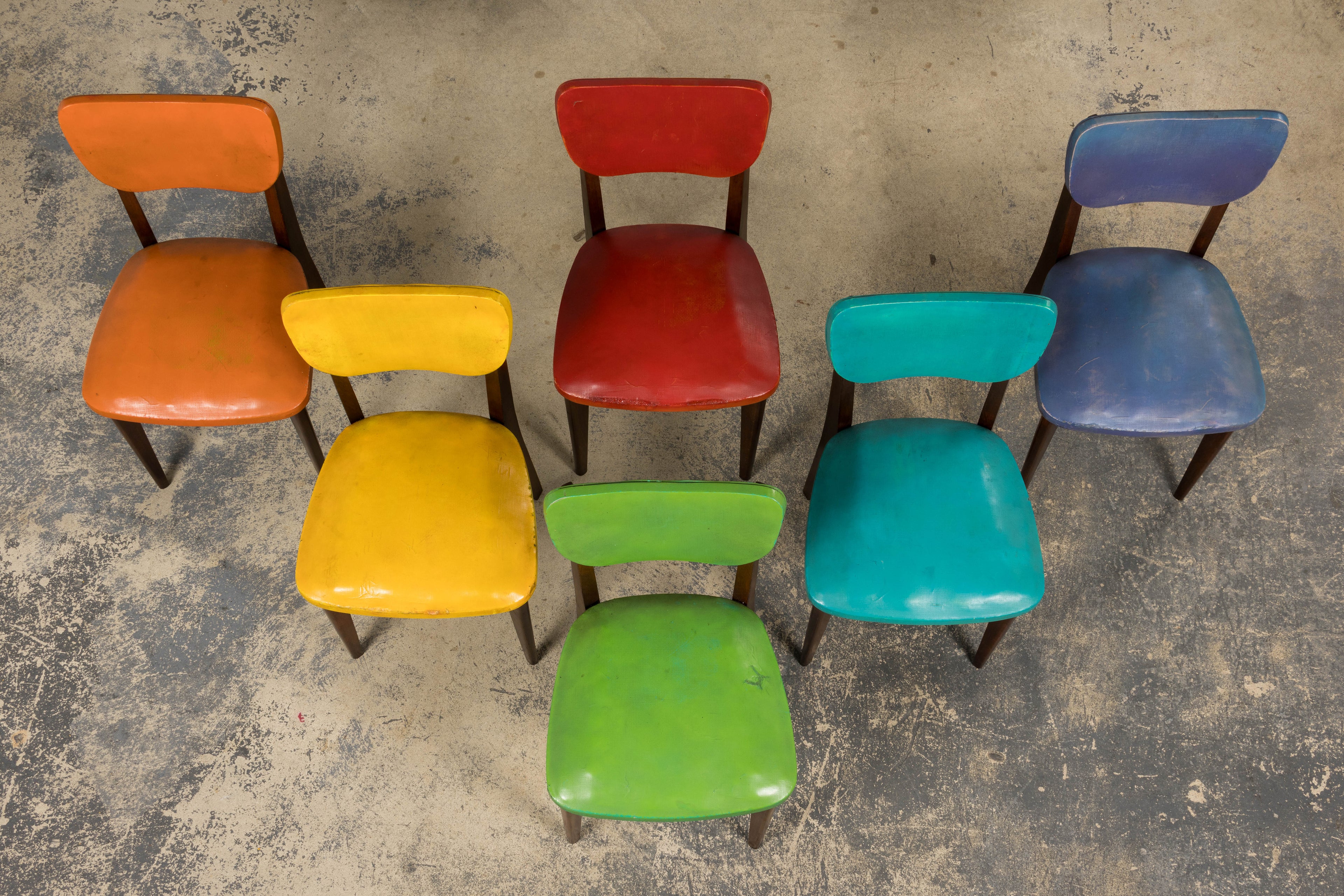 Mid Century Modern French Oak Dining Chairs in Rainbow Vinyl - Set of 6