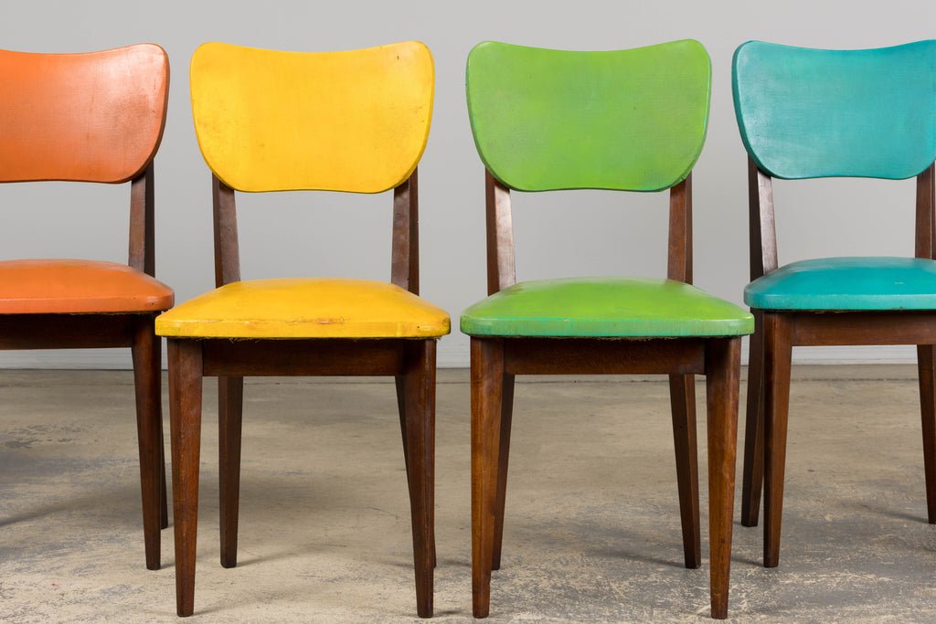 Mid Century Modern French Oak Dining Chairs in Rainbow Vinyl - Set of 6