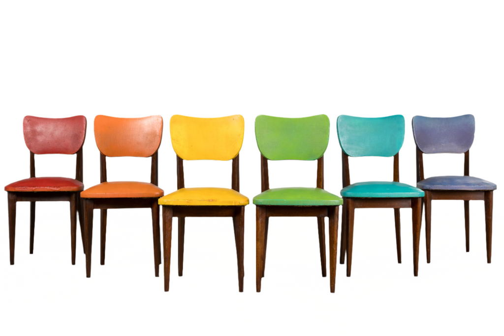 Mid Century Modern French Oak Dining Chairs in Rainbow Vinyl - Set of 6
