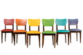 Mid Century Modern French Oak Dining Chairs in Rainbow Vinyl - Set of 6