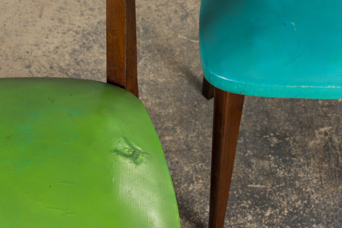 Mid Century Modern French Oak Dining Chairs in Rainbow Vinyl - Set of 6