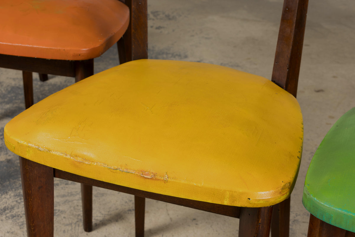 Mid Century Modern French Oak Dining Chairs in Rainbow Vinyl - Set of 6