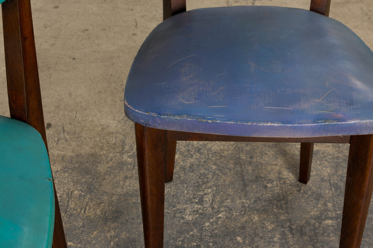 Mid Century Modern French Oak Dining Chairs in Rainbow Vinyl - Set of 6
