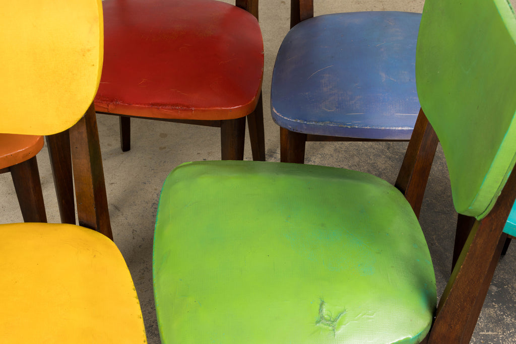 Mid Century Modern French Oak Dining Chairs in Rainbow Vinyl - Set of 6