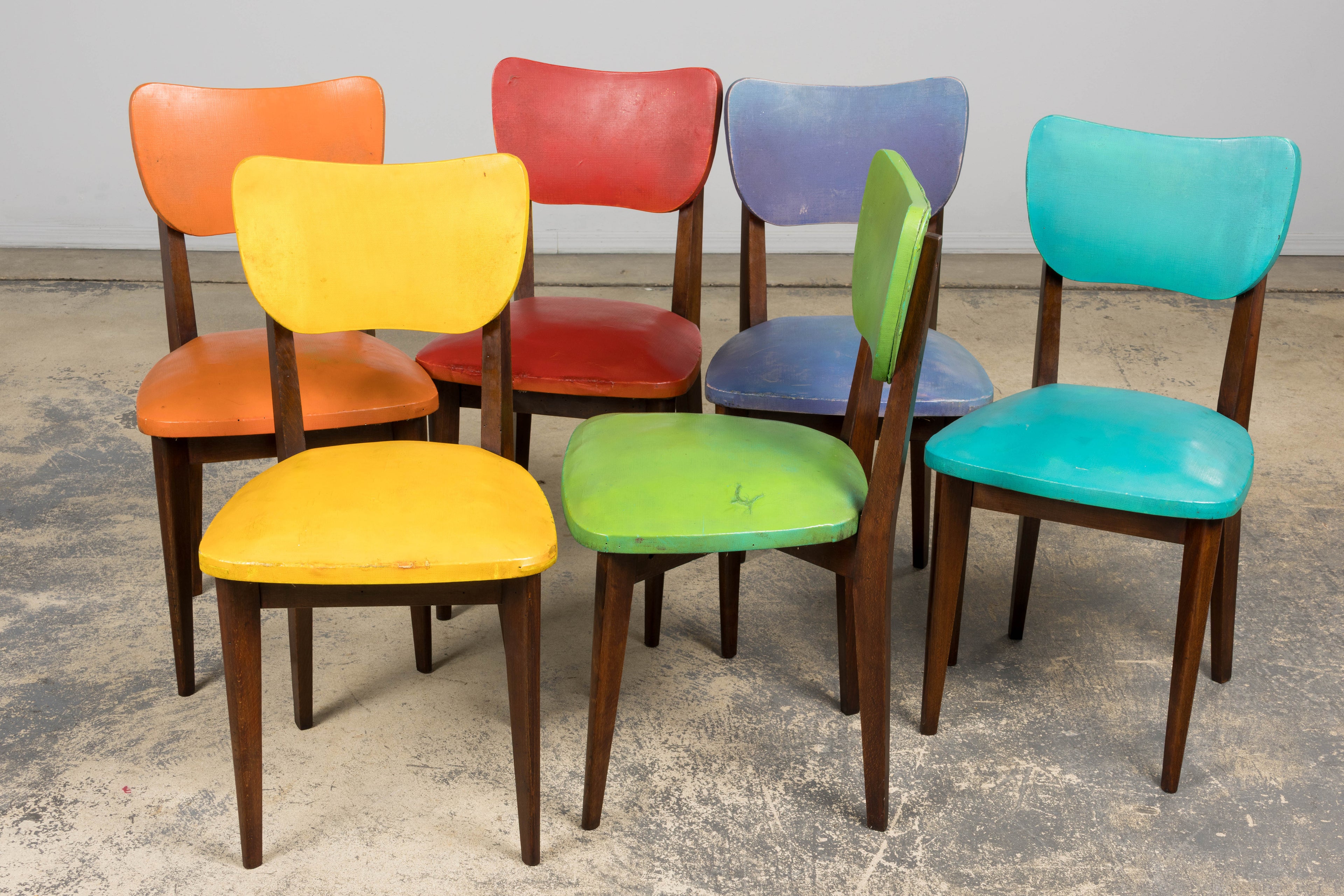 Mid Century Modern French Oak Dining Chairs in Rainbow Vinyl - Set of 6