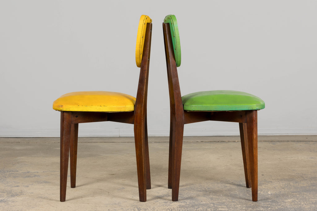 Mid Century Modern French Oak Dining Chairs in Rainbow Vinyl - Set of 6