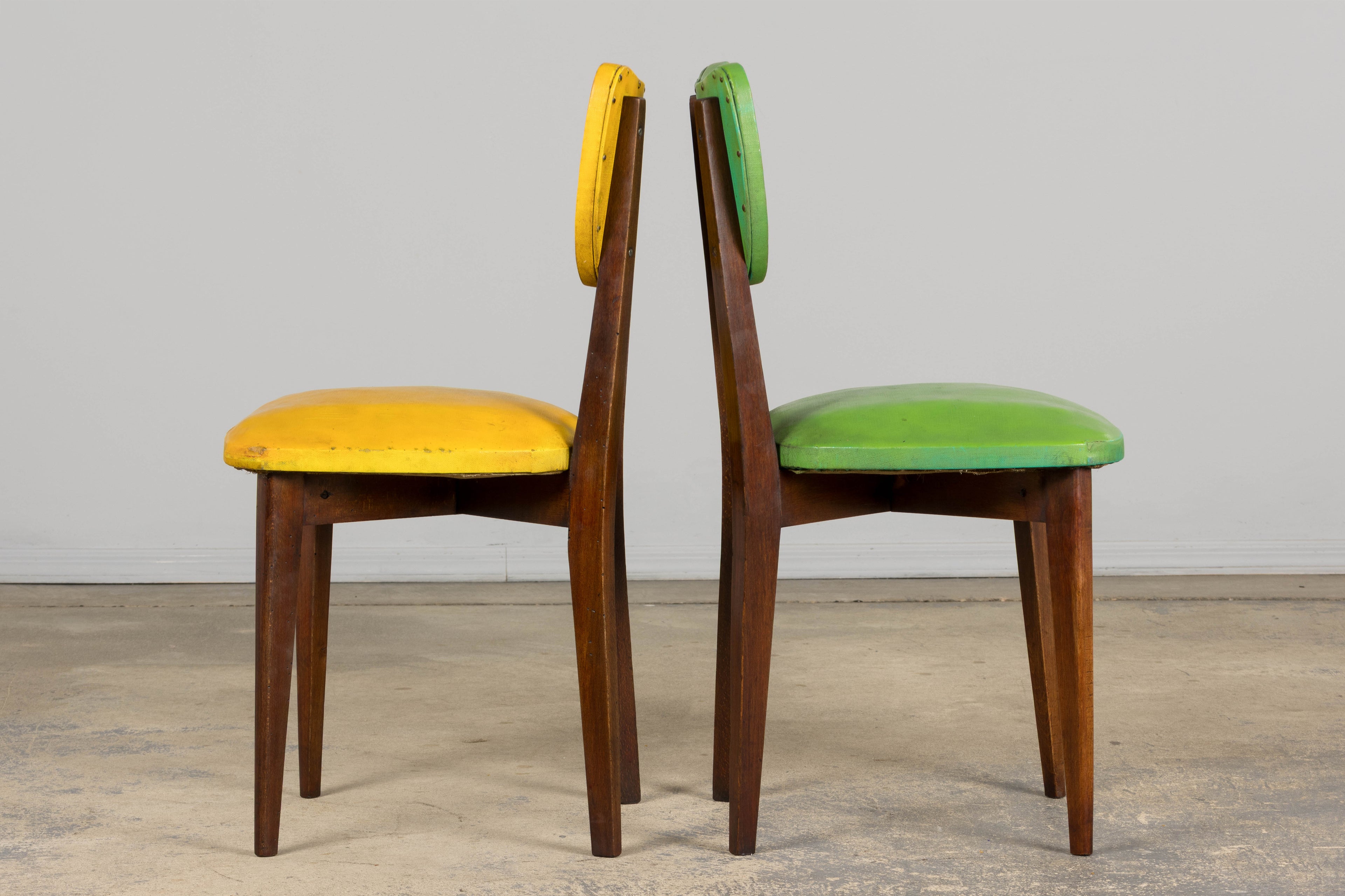 Mid Century Modern French Oak Dining Chairs in Rainbow Vinyl - Set of 6