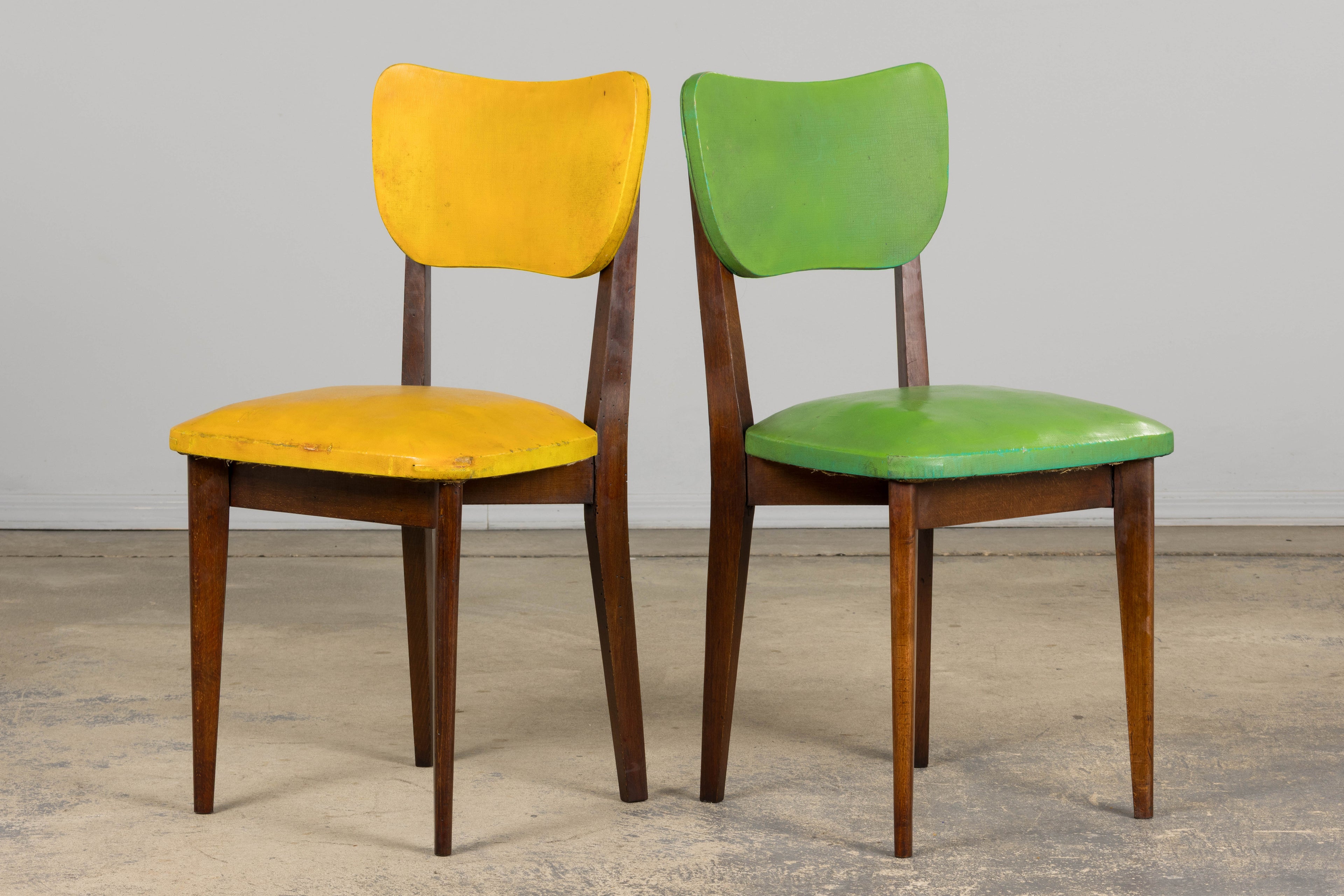 Mid Century Modern French Oak Dining Chairs in Rainbow Vinyl - Set of 6