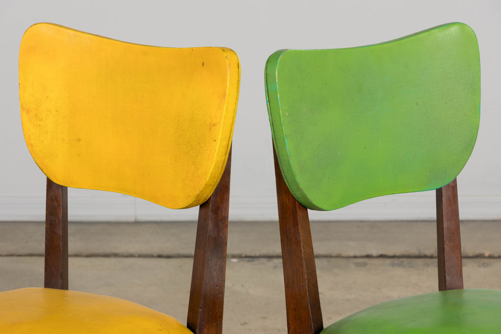 Mid Century Modern French Oak Dining Chairs in Rainbow Vinyl - Set of 6